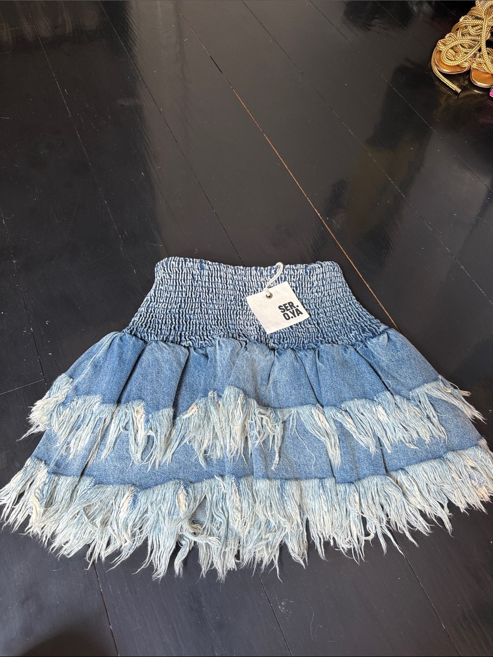 Smocked Waist Tiered Fringe Denim Mini Skirt - Light Blue